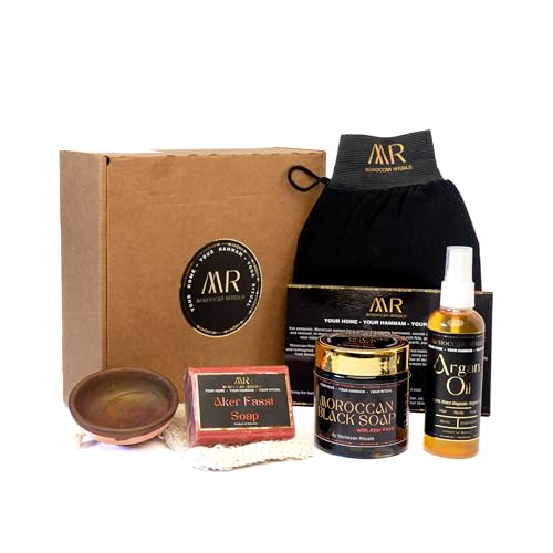 Moroccan Hammam Spa Set: Black Soap with Aker Fassi (Poppy Petal & Pomegranate Peel) Kessa Exfoliating Glove 75ml Pure Argan Oil Aker Fassi Brightening Soap Bar Exfoliating Pouch & Aker Fassi Tint