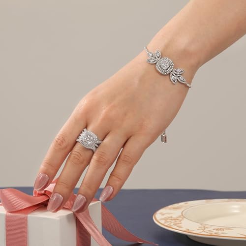 Image of Jeulia 3.7CT Double Halo Insert Wedding Ring Set for Women Sterling Silver Round Cut Bridal Ring Set with Eternity Band Romantic Anniversary Promise Gift with Jewelry Box