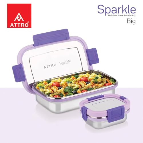 Image of ATTRO Sparkle Big Stainless Steel Lunch Box 2-Piece Set - 900ml + 200ml - Leak-Proof, BPA-Free, Compact & Durable - Ideal for Kids, Office, Travel - Purple