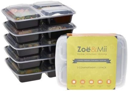 [5 Pack]Premium 3-Compartment Meal Prep Food Containers Microwave Safe Dishwasher Safe Freezer Safe Reusable Bento Lunch Box Plate with Dividers BPA Free +EBOOK Inside by Zoe&MII