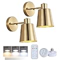 HOTRAN Battery Operated Wall Sconce Set of Two,Gold Modern with Remote Control Dimmable Wall Lighting Indoor, Not Hardwired Led Wall Lamp Fixtures for Bedroom, Bulb Included