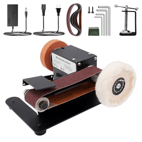 Yofuly Lijadora de Banda, Eléctrica Mini Amoladora de Banda Ángulo Ajustable con 10pc Bandas de Lijado para metal y...