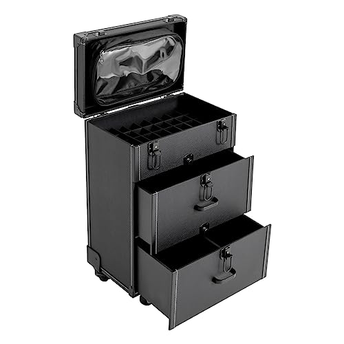 TITIDU Rolling Train Case Aluminum Trolley Professional Cosmetic Organizer Box w/Drawer,Jewelry Travel Cosmetic Train Case(Black)