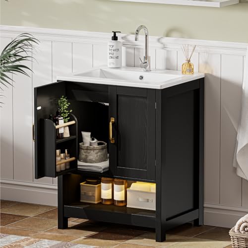 ELEVACHIC 24 Inch Bathroom Vanity with Sink, Small Modern Bathroom Cabinet with LED Light, Bathroom Vanity Set, Double Soft Closing Cabinet Door with Organizer, Black