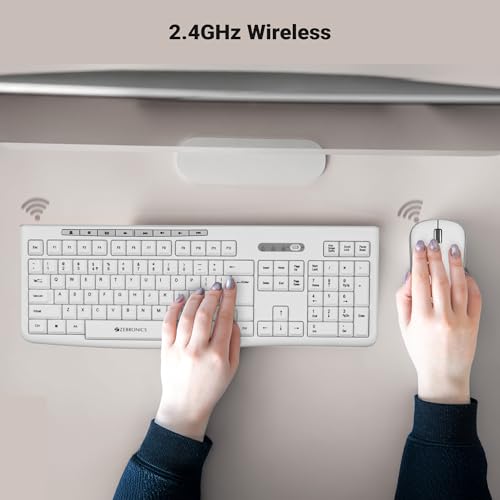 Image of Zebronics Wireless Keyboard & Mouse Combo, 112 UV-Printed Keys, ₹ Key, 8 Multimedia Keys, Retractable Stand, 3 Button Mouse, 1200 DPI, High Precision, USB Nano Receiver (Companion 112, White)