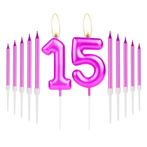 Hot Pink Metallic 15 Number Birthday Candles with Thin Pearl Long Pencil Candles,Glitter 15th Cake Topper Candle for Women 15 Birthday Party Decorations