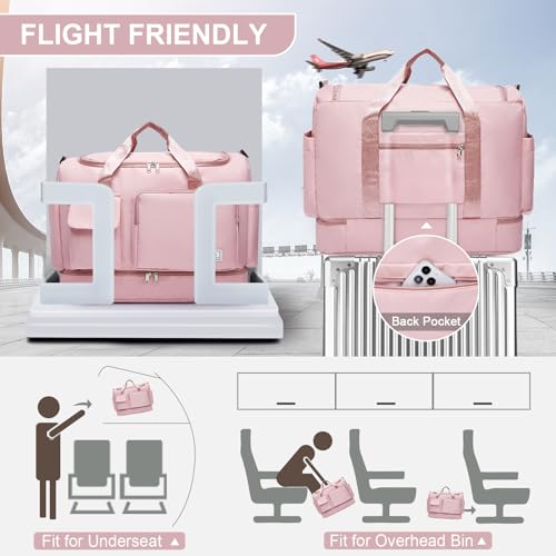 Image of Large Travel Duffle Bag, Carry On Weekender Bag with Shoe Compartment, Gym Tote Overnight Bags for Women for Travel, A10#Pink, 11x19.6x8.2 inches, Weekender Bag&toiletry Bag