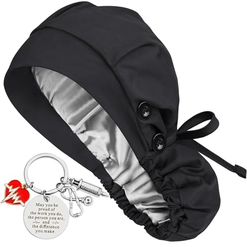 Ponytail Scrub Cap Satin Lined Womens Nurse Hat Silk Surgical Bouffant Bonnets with Buttons Black - Thumbnail 5