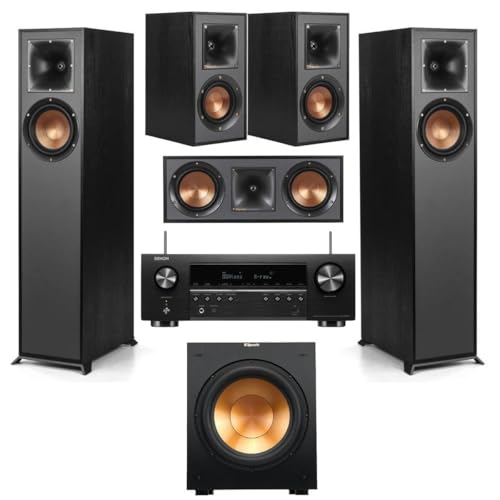 Klipsch Reference 5.1 Home Theater Speaker Bundle with R-610F Floorstanding Speakers, R-52C Center, R-12SW Subwoofer, R-41M Bookshelf Speakers and Denon AVR-S670H 8K Receiver