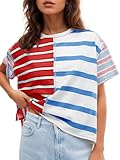 Tankaneo Womens Summer Striped Shirts Casual Color Block Short Sleeve Tops Loose Fit Crew Neck Tees Red