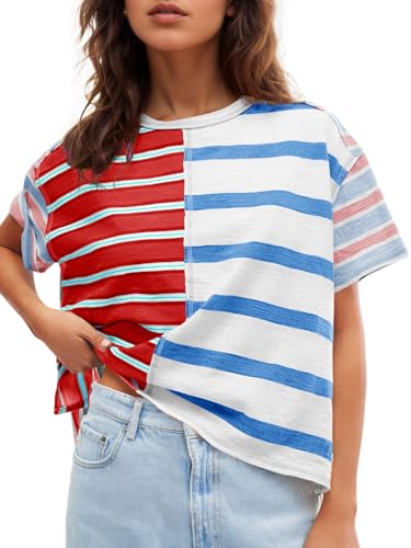 Tankaneo Womens Summer Striped Shirts Casual Color Block Short Sleeve Tops Loose Fit Crew Neck Tees Red