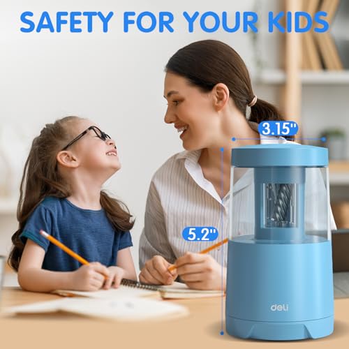 Deli Electric Pencil Sharpener, Automatic Pencil Sharpeners for No.2 Pencils Colored Pencils, Auto Stop, USB & Battery Operated for Students, Classroom, Home and Office, Blue