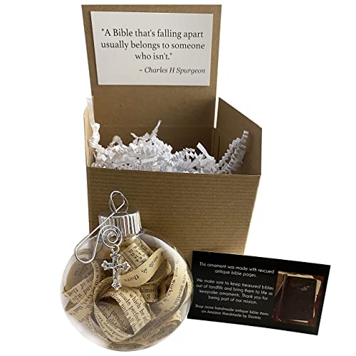 Rescued Antique Bible Pages Strips Hanging Christmas Year Round Ornament Beautiful Cross Charm Hanger And Faith Quote Card Shatterproof Round Disc For Best View #TOP1