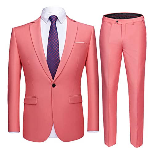 Men's One Button 2 Piece Suits Solid Formal Wedding Tux Blazer & Pants Casual Daily Party Dress Suit Jacket Set (Pink,6X-Large)