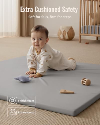 Blissful Diary Vegan Leather Baby Play Mat, 50x50 Thicken Foam Cushioned & Waterproof Playpen Mat for Infants and Toddlers, Stylish and Just Wipe-Clean Playmat for Baby Play on Floor, Light Gray - Thumbnail 5