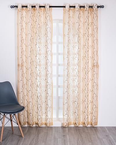 Image of (5 Ft Tissue Fabric Embroidered Curtain |Small Leaf Design Grommet Curtains Window Single Curtain | Vintage Classical Floral Print | For Home | Brown (Pack Of 1) | 152 L X 121 W Centimeters