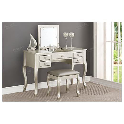 Poundex F4145 Bobkona Cailyn Flip Up Mirror vanity Set with Stool in Silver
