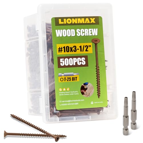 Image of LIONMAX Wood Screws 3-1 /2 Inch, Deck Screws #10 x 3-1 /2 inch, 500 PCS, Rust Resistant, Epoxy Coated, Exterior Wood Screw, Outdoor Decking Screws, Torx /Star Drive Head, T25 Star Bit Included, Brown