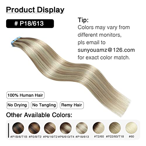 Image of SUYYA Tape In Hair Extensions Human Hair 20 Inch #P18 /613 Ash Bleach Blonde | Remy Human Hair, Invisible Skin Weft, Straight Hair, 20PCS 40G, Ash Blonde Highlighted with Bleach Blonde, Seamless Blend