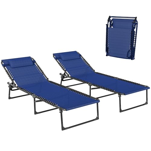 Image of Outsunny 2 Piece Foldable Sun Loungers, Outdoor 4 Level Adjustable Backrest Reclining Chaise Chairs, Steel Frame Recliner Chair for Camping, Hiking, Navy Blue