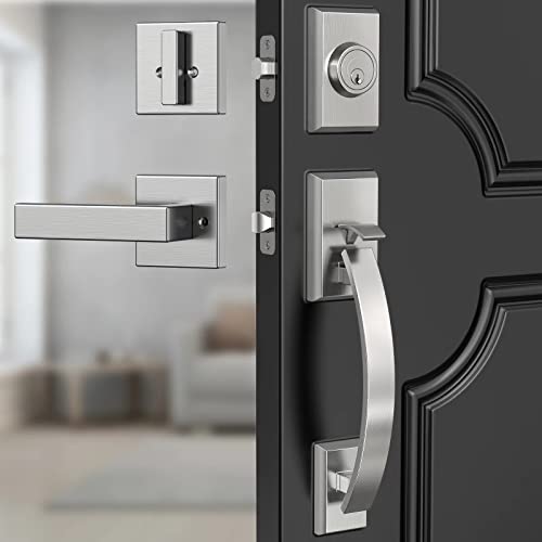 Image of Front Door Lock Set, Sliver Front Door Handle and Deadbolt Set Adjustable, 12.7in Satin Nickel Heavy Exterior Entry Handle Reversible