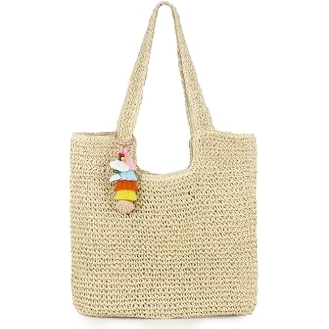 RUNROLE Straw Beach Tote Bag with Tassel Hat Clip for Travel Vocation, Lightweight Raffia Summer Shoulder Bag for Women Cover