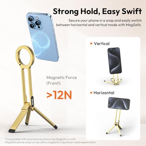 Image of ULANZI MA30 Magnetic Phone Tripod Stand for iPhone - Aluminium Maglock Smartphone Mini Tripod Pocket Cell Phone Stand Strong Magnet Quick Mount Compatible with iPhone 16 15 14 13 12 Series, Gold