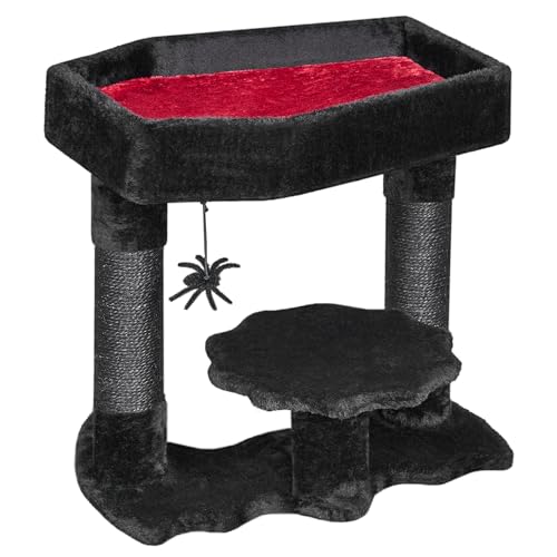 BEWISHOME Gothic Cat Tree with Coffin Bed, Goth Cat Tower for Indoor Cats with Sisal Scratching Posts, Spider Toy, Spooky Coffin Cat Tree for Black Cats Halloween, Black with Red, Small Size MMJ91R