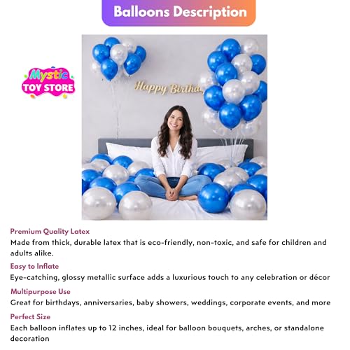 Image of 50 Pcs Silver Blue Metallic Chrome Balloons for Birthday Decoration Items Anniversary Baby Shower Boys Girls Kids Year With Latex Transparent Metallic Balloon Happy Birthday Decoration Kit Set Combo