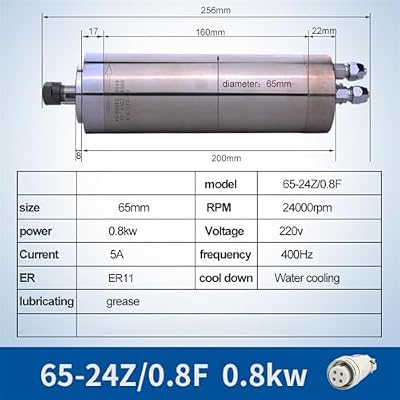800W 220V ER11 65MM Water-cooled Spindle Motor Kit, with ER11 Collet Nut and 4 Bearings, Speed 24000RPM 400Hz, for CNC Engraving Milling Machine