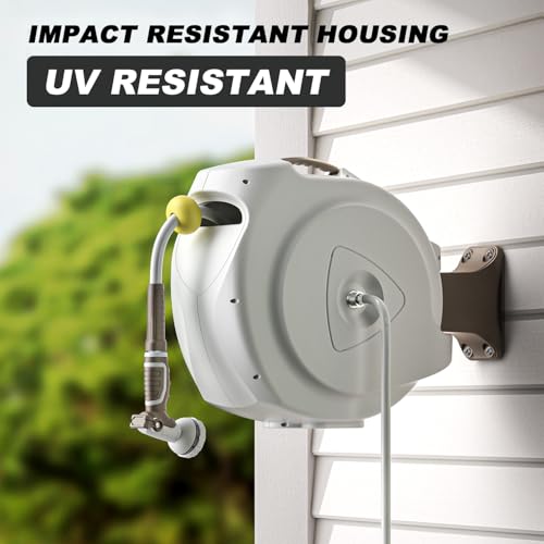 Image of Retractable Garden Hose Reel, 1 /2 in 75+6ft, Heavy Duty Wall Mounted Water Hose Reel, Spring power Automatic Rewind, Any Length Lock, 180 Swivel Bracket, 10 Pattern Spray Nozzle