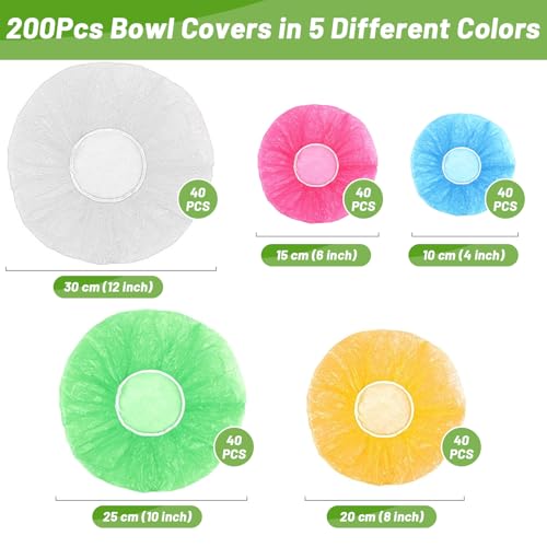 200Pcs Reusable Elastic Food Covers, Sublaga Plastic Bowl Covers, Variety of 5 Translucent Stretchable Sizes and Colorful Dish Plate Covers, Alternative to foil, Plastic Wrap, BPA Free