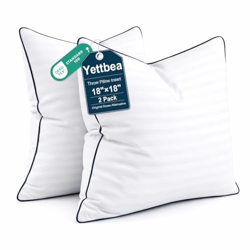 Yettbea 18x18 Inches Pillow Inserts Set of 2- Premium Soft Down Alternative Fill, Decorative Throw Pillows for Couch, Bed & Sofa, Supportive White Striped Bedroom Pillow Forms