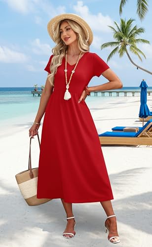 Image of OFEEFAN Summer Dresses for Women Flowy Casual A-Line Midi Dress Beach Vacation Sundresses with Pockets S-2XL