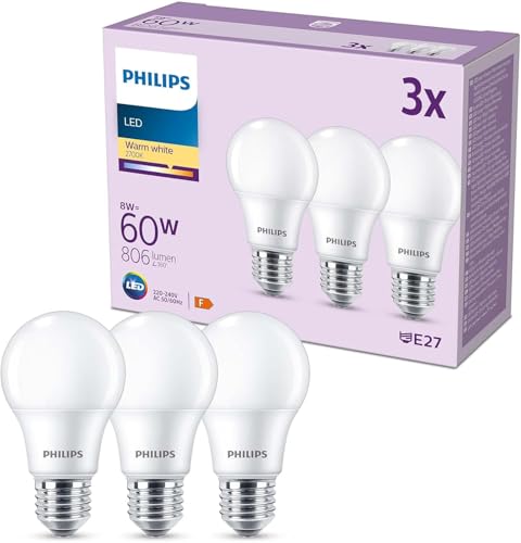 Philips pack de 3 ampoules LED E27, 60W, blanc chaud