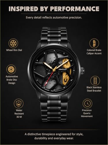 Image of V2A Men's Analog Automotive Inspired Wheel Rim Design Wrist Watch
