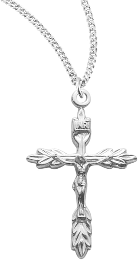 Medium .925 Sterling Silver Wheat Crucifix Stainless Steel Chain, Made in USA- Deluxe Velvet Gift Box Included