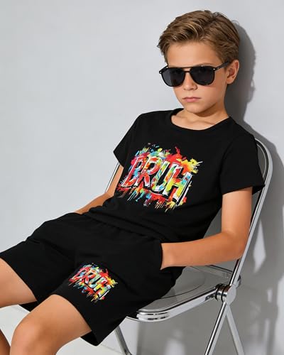 Image of Cakaner Tween Boys Summer Clothes 2 Piece Short Sleeve Graphic T-Shirt and Shorts Casual Outfit Set Size 7-14