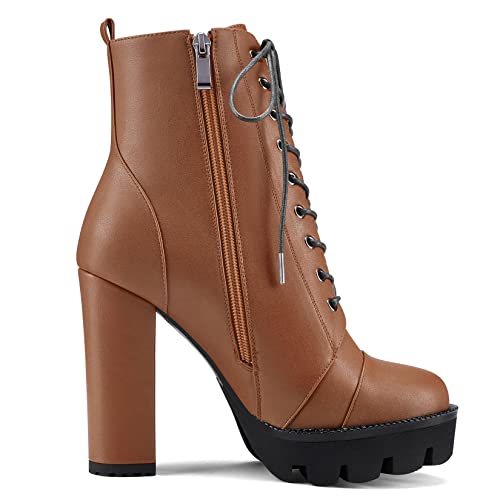 HEUIVZAR Womens Platform Ankle Boots Short Bootie High Chunky Block Heel Closed Toe Matte Shoes Lace-up Zipper 5 Inch3