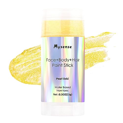 Mysense Pearl Gold Face Body Hair Paint Stick,Water Based Washable Temporary Hair Paint,Non-toxic Cream Blendable Metallic Gold Face Painting for Halloween Costumes Cosplay Makeup,0.5oz(15g)