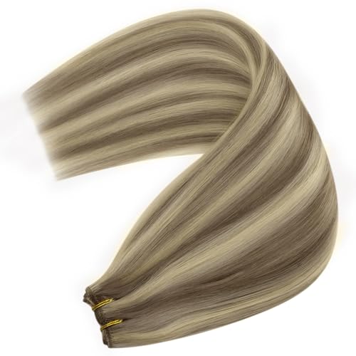 YoungSee Weft Hair Extensions Human Hair Highlights, Light Brown with Platinum Blonde Highlight, Sew in Hair Extensions Real Human Hair, Hand Tied Hair Extension Weft, Remy Hair 20 Inch 100g by YoungSee - Used condition - Image 2