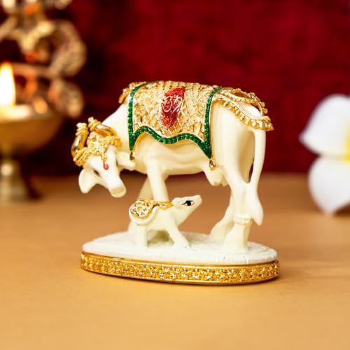 Image of Ekhasa Kamdhenu Cow with Calf Vastu Idol | Gomatha Cow and Calf Statue for Pooja | Resin Cow Calf Idol for Home Decor, Vastu, Feng Shui, Pooja Room, Good Luck, Gift for Griha Pravesh Ceremony
