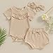 Newborn Baby Girls Ribbed Knit Ruffle Short Sleeve Romper Shorts Headband 3pcs Basic Solid Clothes (Khaki, 6-12 Months)