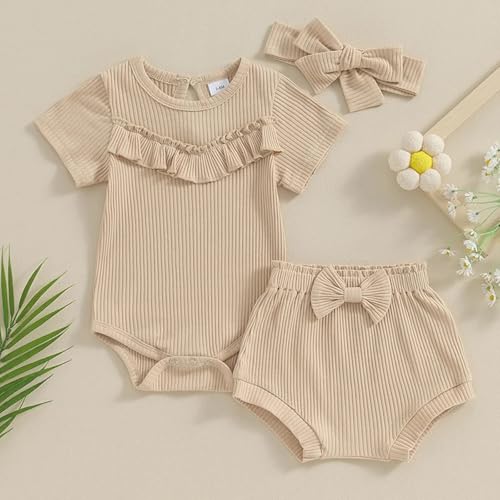 Newborn Baby Girls Ribbed Knit Ruffle Short Sleeve Romper Shorts Headband 3pcs Basic Solid Clothes Cute Outfit3