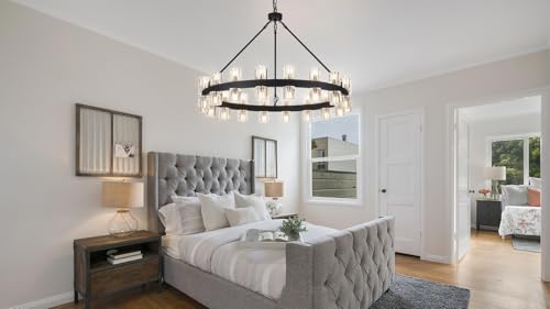 MeiYDeng 36 Inch Black Wagon Wheel Chandelier with 36 Lights Crystal Shade, Modern Farmhouse Round High Ceilings Pendant Light Fixture for Living/Dining Room, Kitchen, Bedroom, Foyer by MeiYDeng - Image 3
