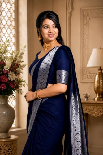 Image of Women's Glory Banarasi Satin Silk Saree Plain Silver Zari | Unstiched Blouse Piece Included.