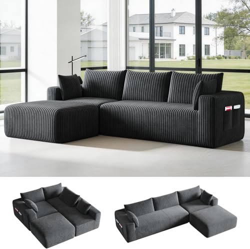 Domiqut 108" Cloud Couch Modular Sectional Sofa for Living Room,L Shaped Boneless Couch with Deep Seat Chaise,No Assembly Required Foam Sleeper Sofa for Apartments,Plush Corduroy Fabric, Dark Gray