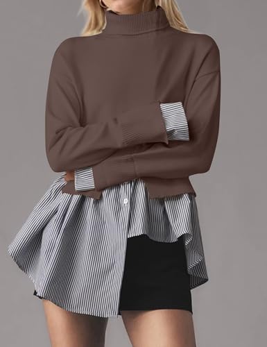 Image of MISSACTIVER Women Slit Turtleneck Patchwork Sweater 2 in 1 Buttons Down Pullover Knit Sweater Asymmetrical Hem Shirt Top