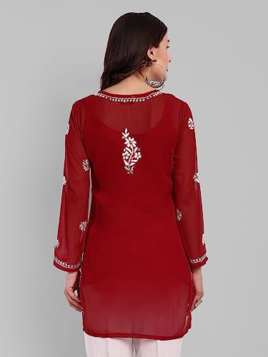 Image of Ada Women's & Girl's Georgette Hand Embroidered Lucknow Chikankari Regular Fit Short Kurti Top with Slip A911300