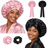 2 Stück Satin Seidenhaube zum Schlafen in Seidenoptik, Verstellbare Haarhaube für die Nacht für Lockiges und Lange Haare, Bonnet Sleep Cap, Bonnet Seide Schwarz und Rosa